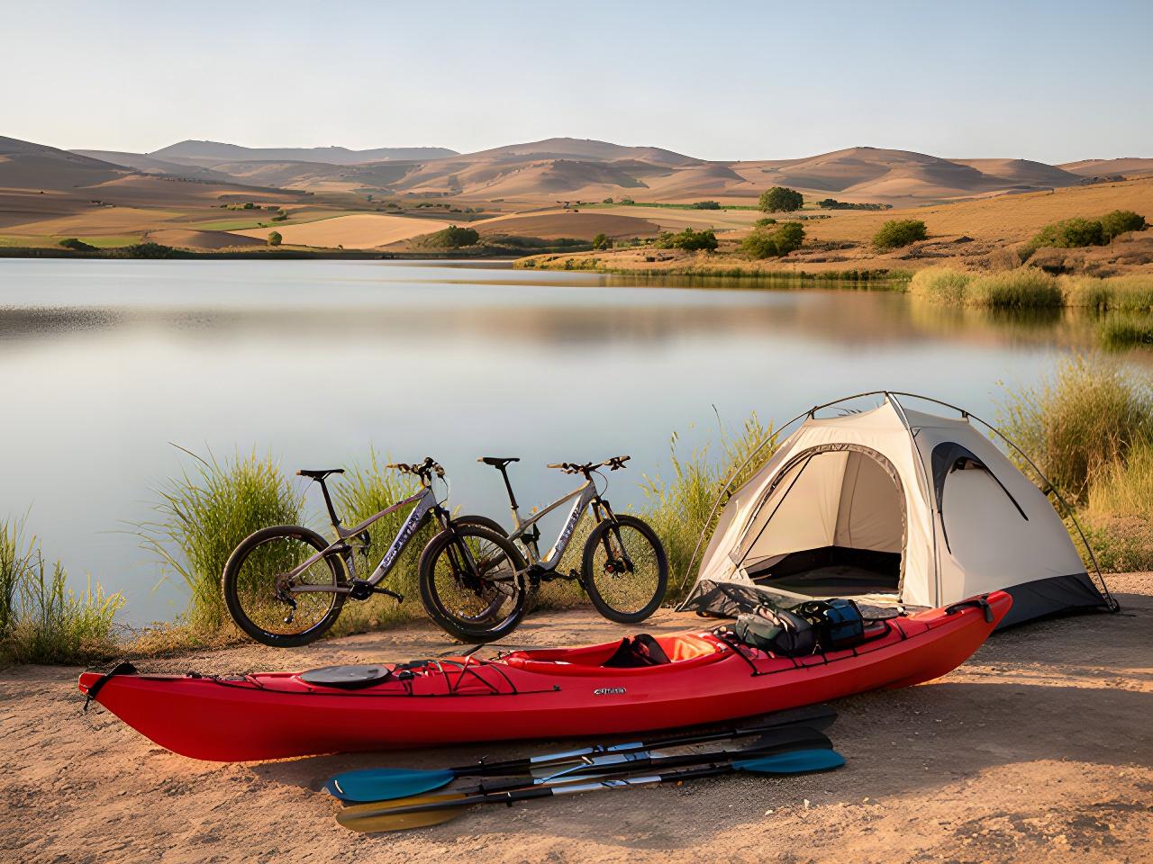 Kayak rojo, bicicletas de montaña y tienda de campaña junto a un embalse de Castilla-La Mancha