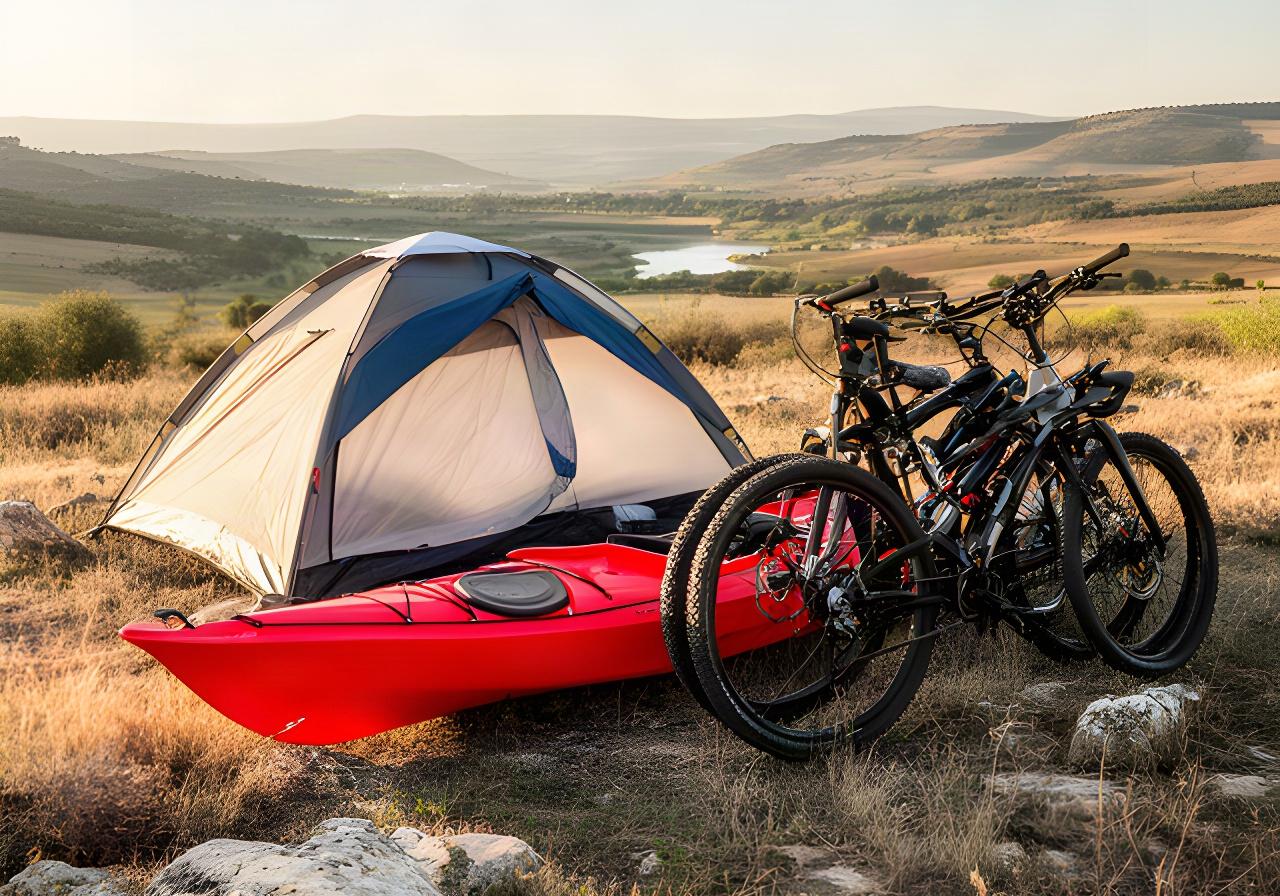 Kayak rojo y bicicletas junto a una tienda de campaña en un entorno natural de Guadalajara